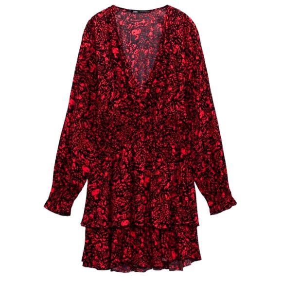 ZARA Dress Mini Short Ruffle Sexy‎ Long Sleeve Black Red Babydoll Whimsygoth S - Picture 4 of 15